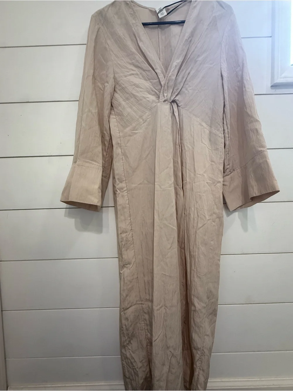 H&M Beige Twist Front Midi Dress V-Neck Bell Long Sleeve A-Line XS - Picture 2 of 7